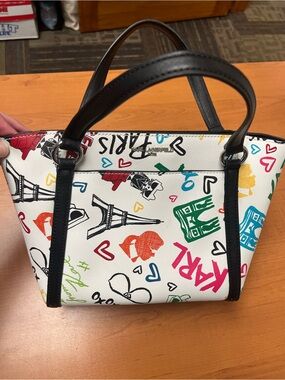 Karl Lagerfeld White Mini Tote with Multicolor Paris Print and Black Handles